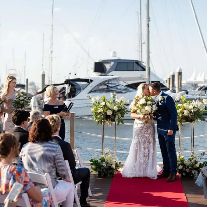 Large wedding party gathered at a stunning Gold Coast waterfront venue